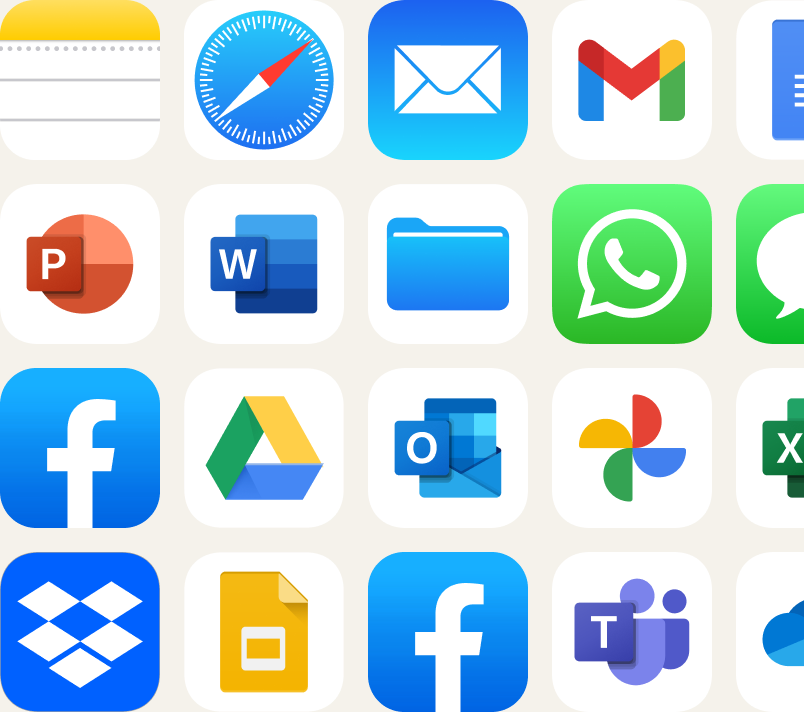 Gmail, Outlook, WhatsApp, Word, Excel, Dropbox, Teams and other app logos